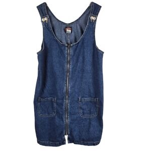 Vintage No Excuses Denim Jumper Dress Size L Blue Jean Full Zip‎ Mini Pinafore